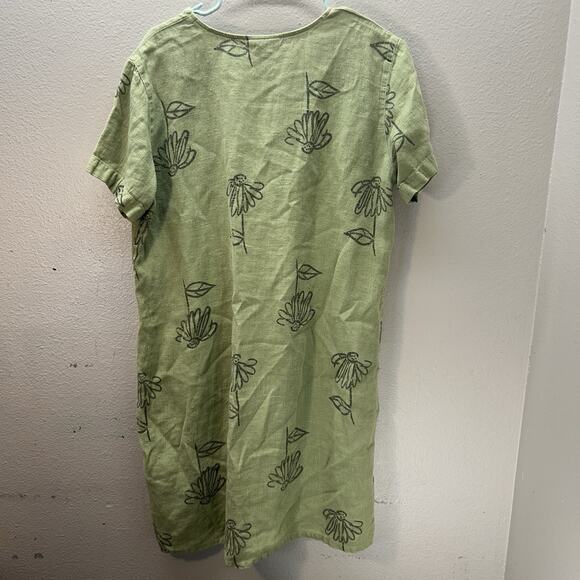 Freeport Studio SZ L Green Floral 100% Linen Shift Dress Short Sleeve Minimalist - Picture 4 of 5